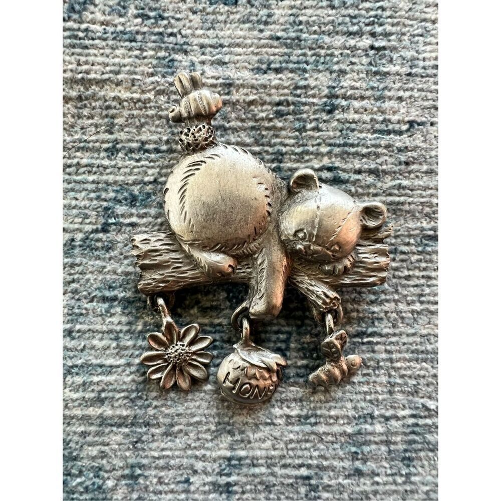 Spoontiques Pin Art Pewter Bear On A Log Dangling Charm Brooch